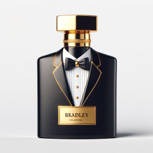 Create a realistic, 3-D cologne bottle That looks like a black Gucci tuxedo with a gold top and the name Bradley written in gold letters