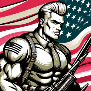 Depict Donald Trump as a strong, muscular American soldier proud...