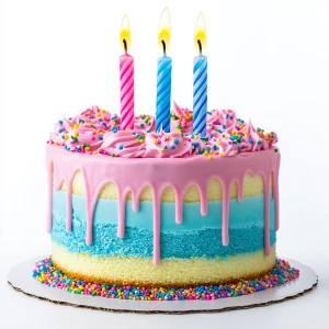 A vibrant, festive birthday cake with three lit candles on top. The cake is a two tiered sponge with colorful frosting—pastel pink on the top layer and sky blue on the bottom. The frosting drips slightly over the edges for a delicious effect. Bright, multicolored sprinkles are scattered over the top. The three candles are evenly spaced, each with a different color—red, yellow, and blue—with soft glowing flames. The background is white