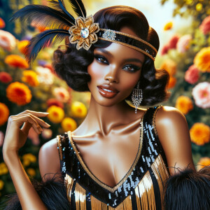 Picture a light-skinned African-American woman with striking Hawaiian features, immersed in the roaring 1920s. She's a dazzling flapper, her lively spirit captured in her attire and poise. She wears a shimmering black and gold flapper dress adorned with sequins and fringe that glisten with her every movement. Around her head, a matching headband sits gracefully, embellished with feathers and a jewel that echoes the opulence of the era. Her hair is styled in perfect finger waves, highlighting her alluring gaze and bold makeup typical of the 1920s—a smoky eye and dark, glossy lips. The background is a kaleidoscope of vibrant tropical flowers, creating a lush and vivacious scene that reflects her Hawaiian roots. Her entire demeanor is one of elegance and jubilance, a true celebration of her heritage and the exuberant era she embodies.