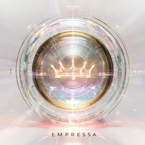 Hyperrealistic round logo with a gold-rimmed crystal disc, symbo...