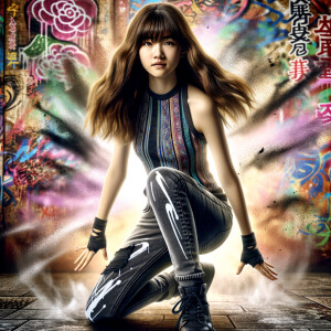 teenage girl, long brown hair and bangs, wearing tight skinny jeans and a halter top paint marks on her clothing, heroic pose Asian graffiti background, nearing on one knee