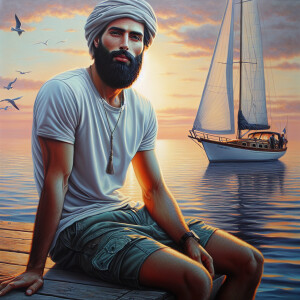 Realistic, oil painting Of a beardless man Sitting on a dock, Ma...