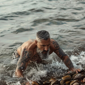 Describe the image of a muscular man with an extensive tattoo on...