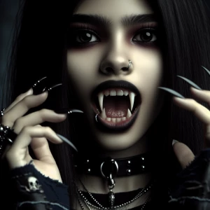 An absolutely terrifying hyper-realistic detailed depiction of a teenage vampire girl baring her fangs.