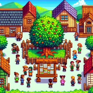 A bustling village square with a wooden bulletin board and a few cheerful townsfolk chatting under the shade of a large tree