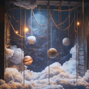 A set design featuring clouds and stars and planets. You can see...