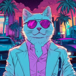 A pastel-colored Shiba cat in a Miami Vice outfit – white suit,...