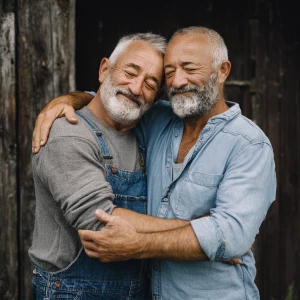 Two elderly bodybuilder men sharing a warm and affectionate embr...
