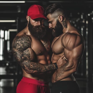 Two muscular men are embracing in a gym setting. One has a thick...