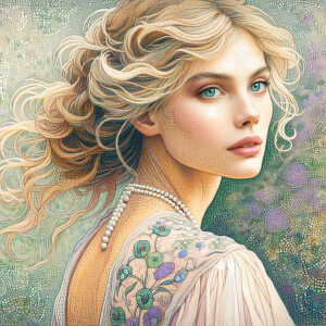 Create a full-length portrait of a woman with flowing blonde hai...