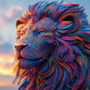 Create a 3D-rendered 8k UHD image of a lion with an extremely detailed, oversized psychedelic mane, incorporating vibrant colors and intricate patterns to emphasize a professional level of detail.