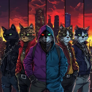 A group of five gangster cats, each with unique outfits (hoodie,...