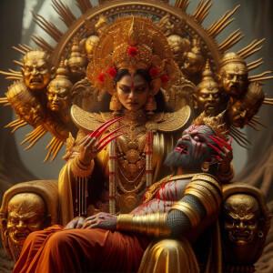 portrait of angry looking indian goddess sitting on a gold crow...