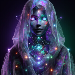 A 3D portrait of an ethereal alien woman wrapped in iridescent,...