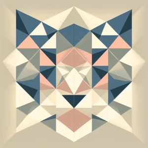 A simple geometric illustration of a cat’s face, made up of clean triangular shapes in a soft pastel palette.