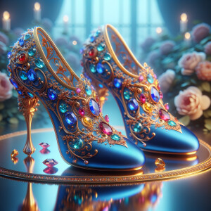 Imagine a pair of enchanting shoes, each a mirror image of the other, placed gracefully upon a regal surface. They are bathed in the soft, diffuse light that casts gentle reflections upon their silk fabric. These shoes are no ordinary footwear; they are a masterpiece of vibrant royal blue, adorned with ornate golden filigree and a multitude of glittering jewels in various hues—rubies, sapphires, emeralds, and delicate pink diamonds. Each shoe boasts an elegant, curved heel in a matching vivid blue, with tiny red and blue gems accenting the base. The shoes are positioned against a backdrop of soft-focus flowers, their pastel colors complementing the rich tones of the shoes, with hints of gold framing providing a touch of opulence. This image captures the essence of a fairy tale brought to life, a visual symphony of color and splendor.