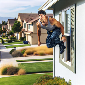 The navy man jumping out of a window of a home with no shirt on...