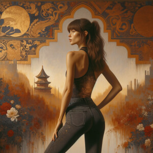 Athletic Thin skinny Attractive, Asian teenage girl, long brown hair and bangs, wearing tight skinny jeans and a halter top paint marks on her clothing, heroic pose Asian graffiti background, backside view