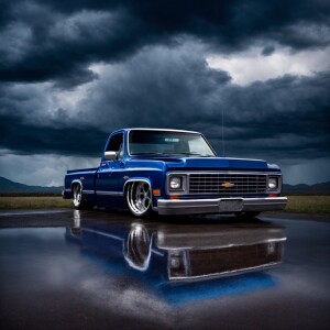 1983 Chevrolet C10 lowrider with a glossy, reflective deep blue...