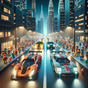 Generate an image of two sports cars engaged in a street race on...