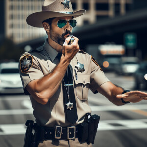 A deputy sheriff blowing a whistle while directing traffic.