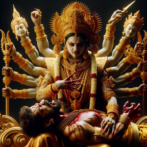 portrait of angry looking, four-armed indian goddess sitting on...