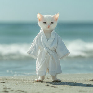 A white kitten with black eyes wearing a white robe wearing sand...