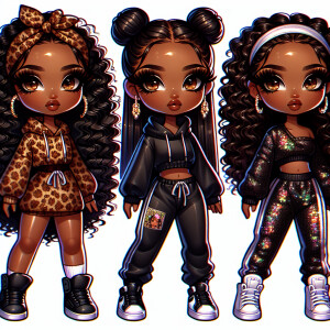 Create a sticker sheet with three chibi-style characters, depict...