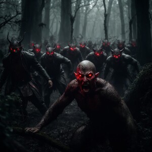 A fierce Elvish flesh eater, with pointed ears and glowing red e...