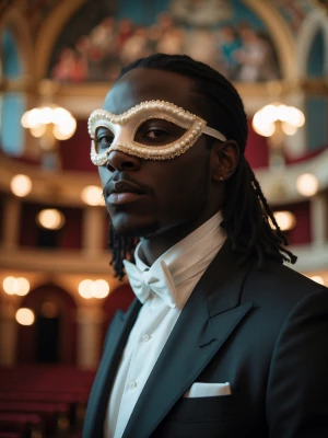 A blurred, artistic portrait of a Black man with a pearl masquer...