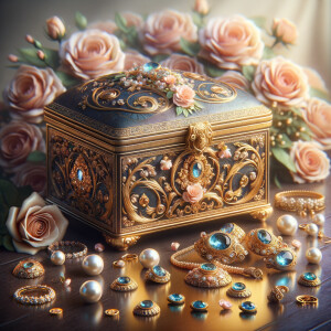 Create an image of an ornate jewelry box richly detailed with golden swirls and floral motifs, with no items on the top. Inside the box lies a collection of exquisite jewelry, each piece featuring vibrant blue gemstones set amongst pearls and golden accents. This treasure is placed on a dark wooden surface, subtly reflecting the luster of the gems. Around the box, there are loose gemstones, a golden flower, and soft pink roses in the blurred background, contributing to the elegant ambiance. The name 'Karen' is elegantly inscribed above the jewelry box, adding a personalized touch to the scene.