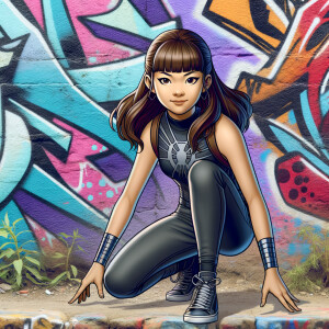 teenage girl, long brown hair and bangs, wearing tight skinny jeans and a halter top paint marks on her clothing, heroic pose Asian graffiti background, nearing on one knee