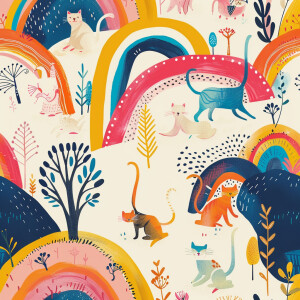 A pattern of cats and rainbows
