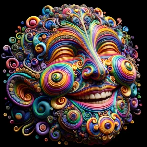 Create a 3D 8K UHD image of a large smiling face composed of fre...