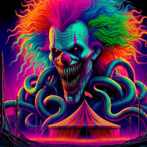 Psychedelic surrealist horror illustration, a vivid and unsettli...