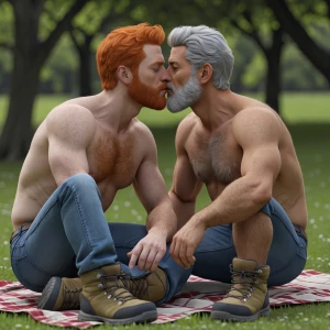 Generate an image depicting two realistic men having a picnic in...