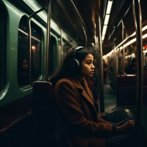 "In a night-time subway carriage, lit only by flickering light,...