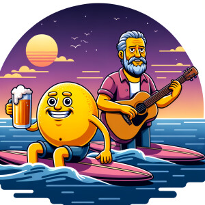 Homer Simpson and Billy Corgan drinking beer while surf boarding...