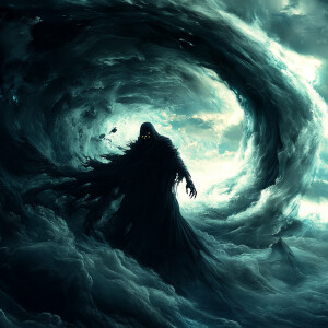 The Grim Reaper, a towering figure shrouded in darkness and myst...