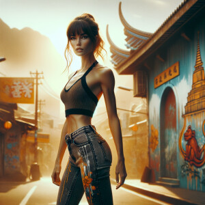 Athletic Thin skinny Attractive, Asian teenage girl, long brown hair and bangs, wearing tight skinny jeans and a halter top paint marks on her clothing, heroic pose Asian graffiti background, backside view