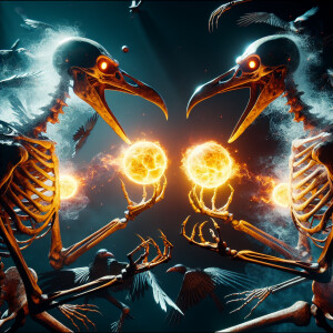 Two zombie crow skeletons engage in a fiery battle, shooting vib...