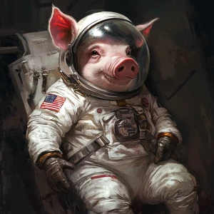 Cute cartoon pig in vintage white spacesuit and NASA style helme...