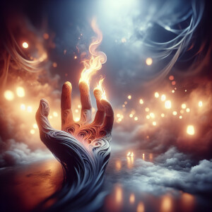 Create a surreal image where a hand, constructed entirely from d...