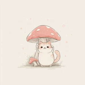 Centered cat stretching under mushroom, kawaii art style, soft p...