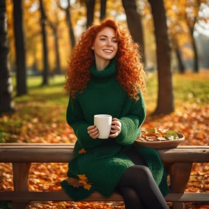 A young woman with curly red hair and freckles, wearing a cozy g...