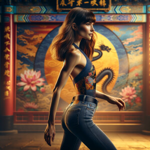 Athletic Thin skinny Attractive, Asian teenage girl, long brown hair and bangs, wearing tight skinny jeans and a halter top paint marks on her clothing, heroic pose Asian graffiti background, backside view