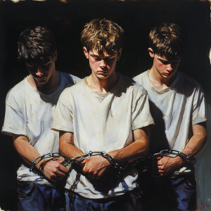 Three white teenage boys, handcuffed