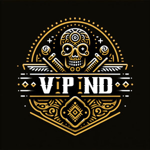 The text is 'VIP IND', BACKGROUND BLACK, BADGE GOLD, Skull and e...