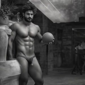 El tiene un cuerpo peludo y musculoso y un pene enorme con una c...